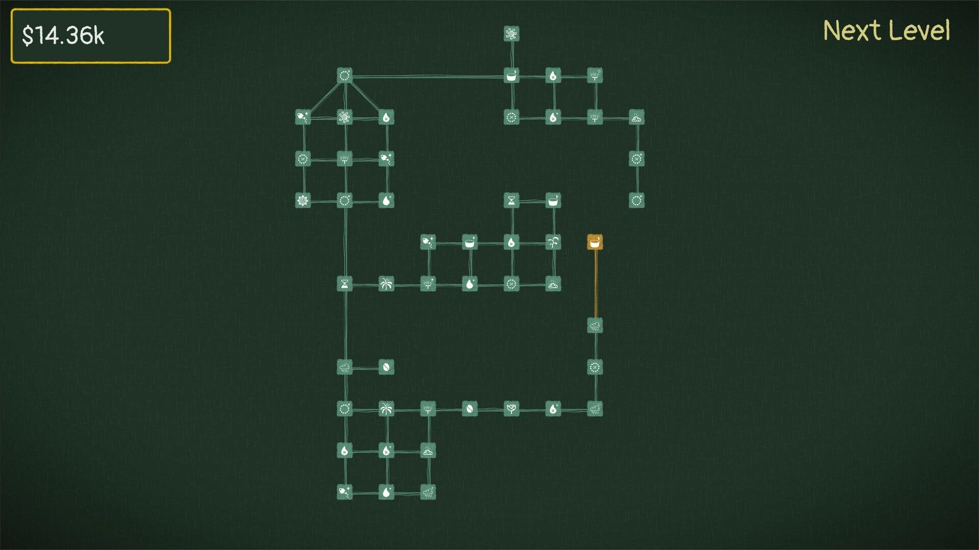 Petal by Petal: Skill tree with interconnected upgrades on a dark green background, currency displayed.