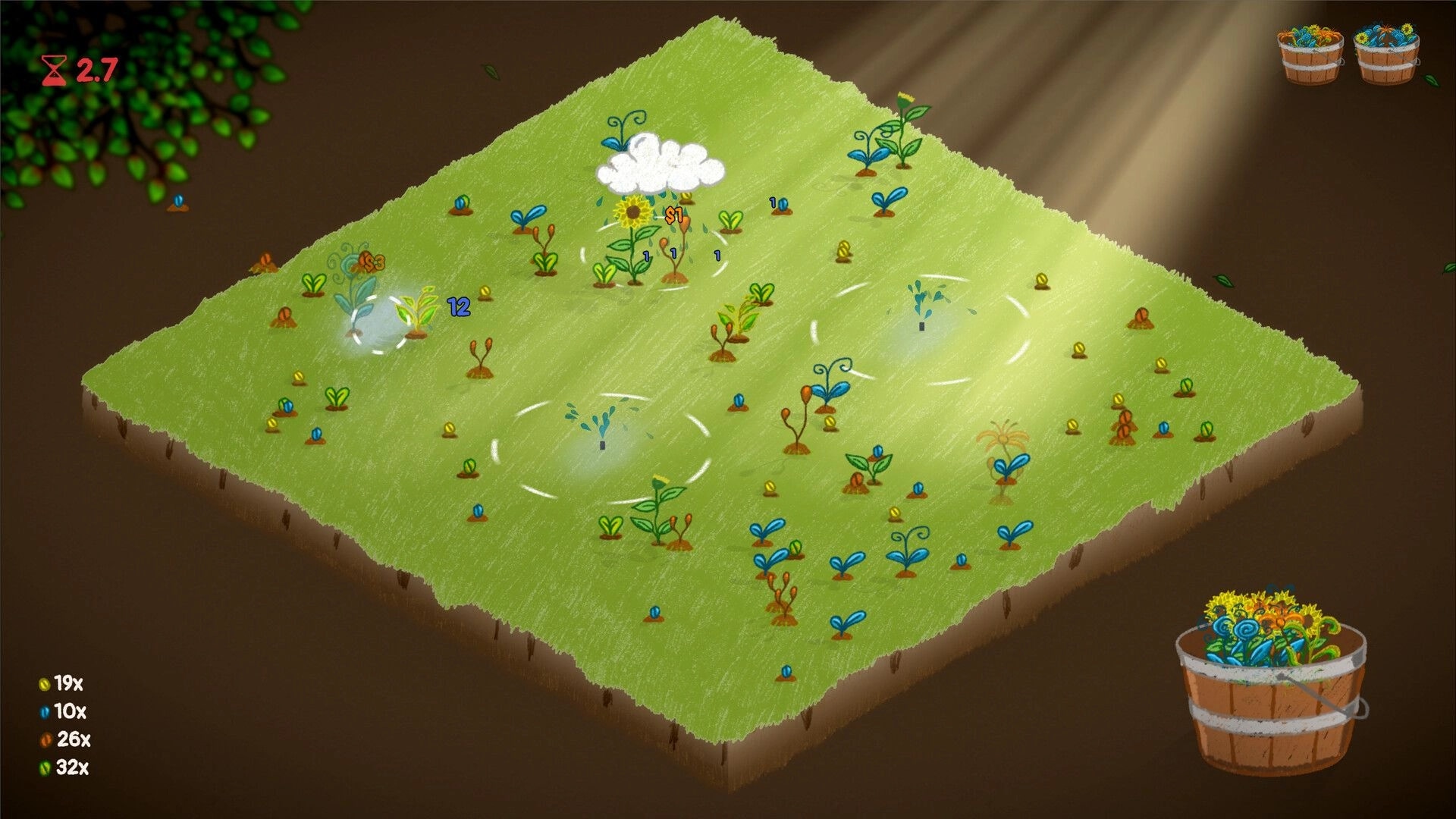 Petal by Petal: Garden plot with growing plants, sprinklers, and a floating cloud in a lush setting.