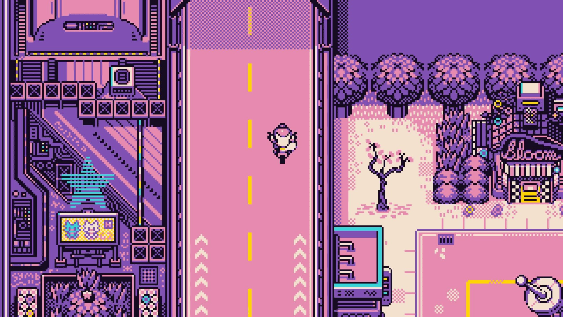Petal Runner: Cyclist rides down a pink road beside trees and neon buildings in Sapphire Valley.