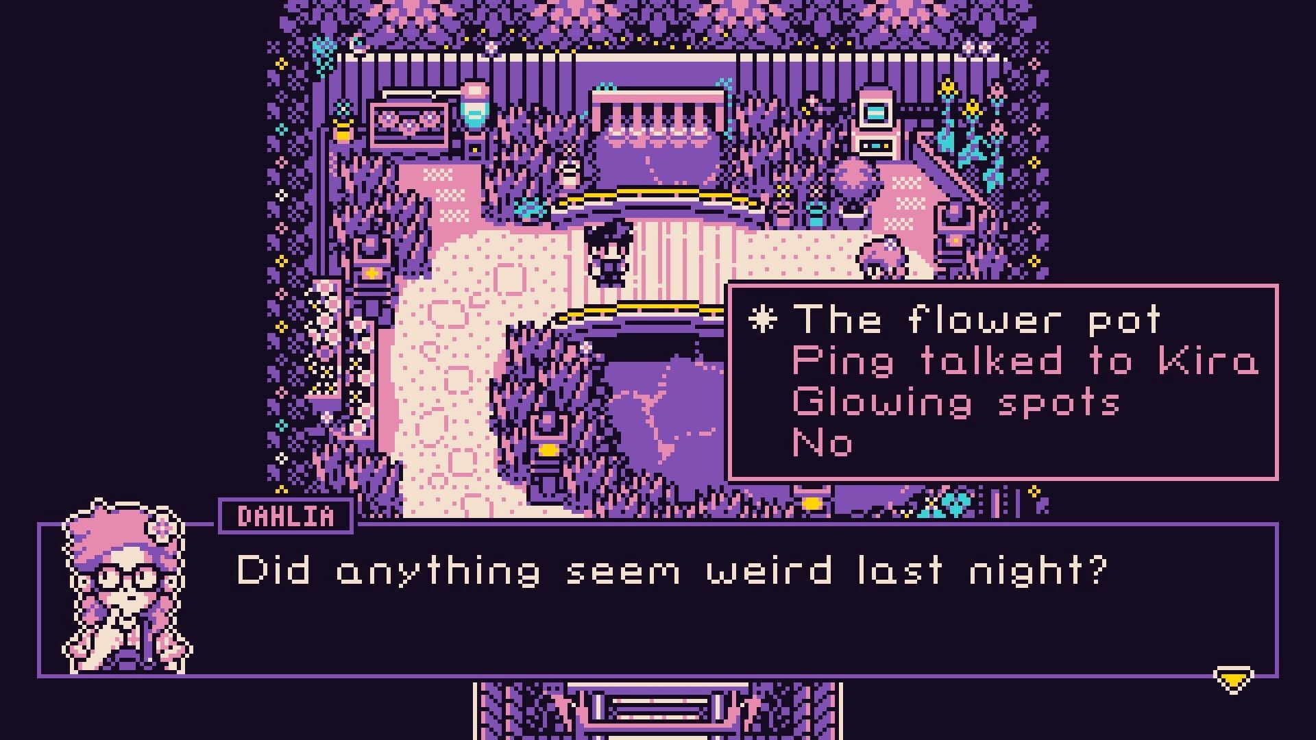 Petal Runner: Dialogue choice with Dahlia asking a question on a purple pixel garden path scene.