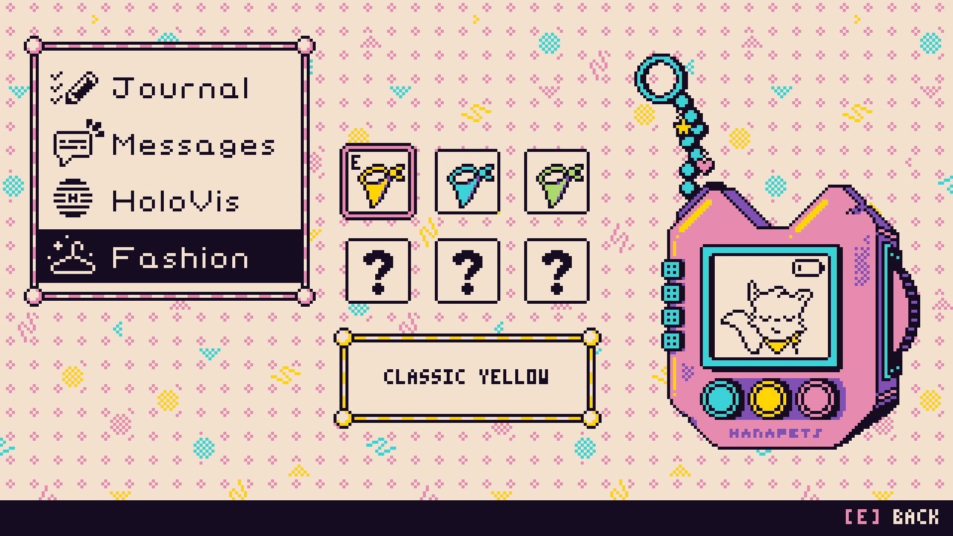 Petal Runner: Fashion menu selecting bandana colors with Hanapets device on pastel patterned screen.