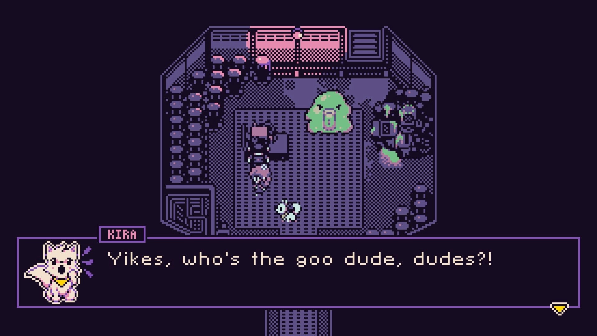 Petal Runner: Kira dialogue box as party faces a green goo monster in a dim industrial room.