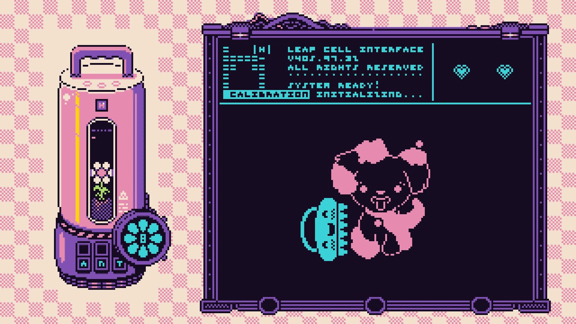 Petal Runner: Leap Cell interface calibrating with heart icons and pet portrait on pixel UI screen.