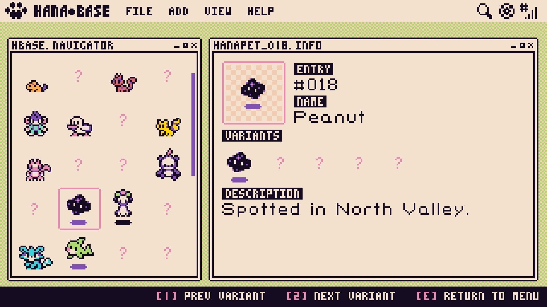 Petal Runner: Creature database entry for Peanut with variants list and spotted in North Valley menu UI.