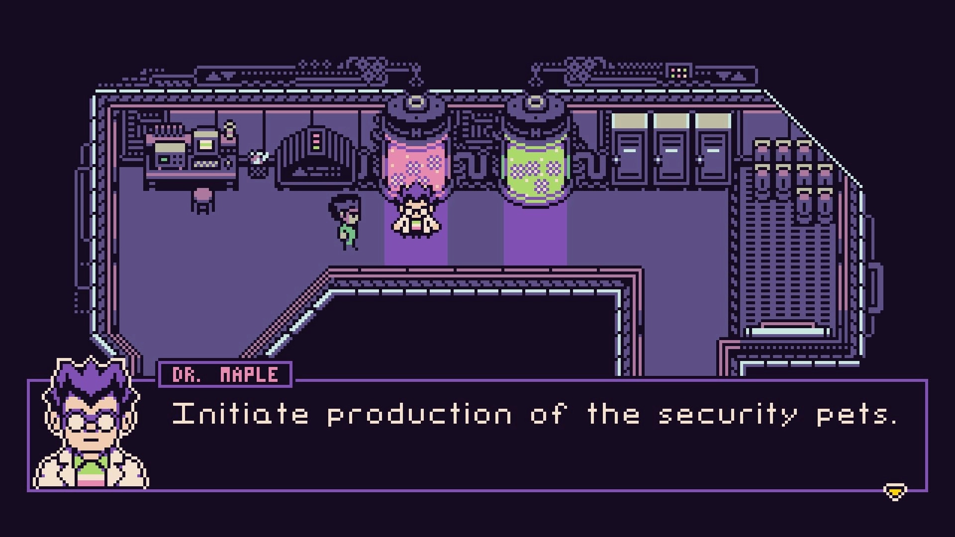 Petal Runner: Dr. Maple dialogue box in lab with two characters beside glowing vats and lockers.