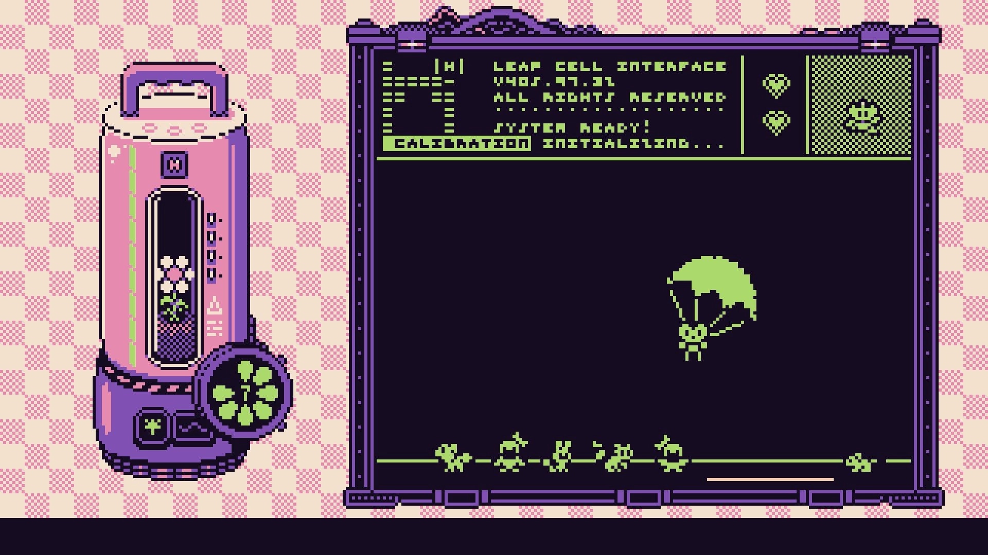 Petal Runner: Leap Cell Interface calibration screen with hearts UI and parachute sprite on monitor.