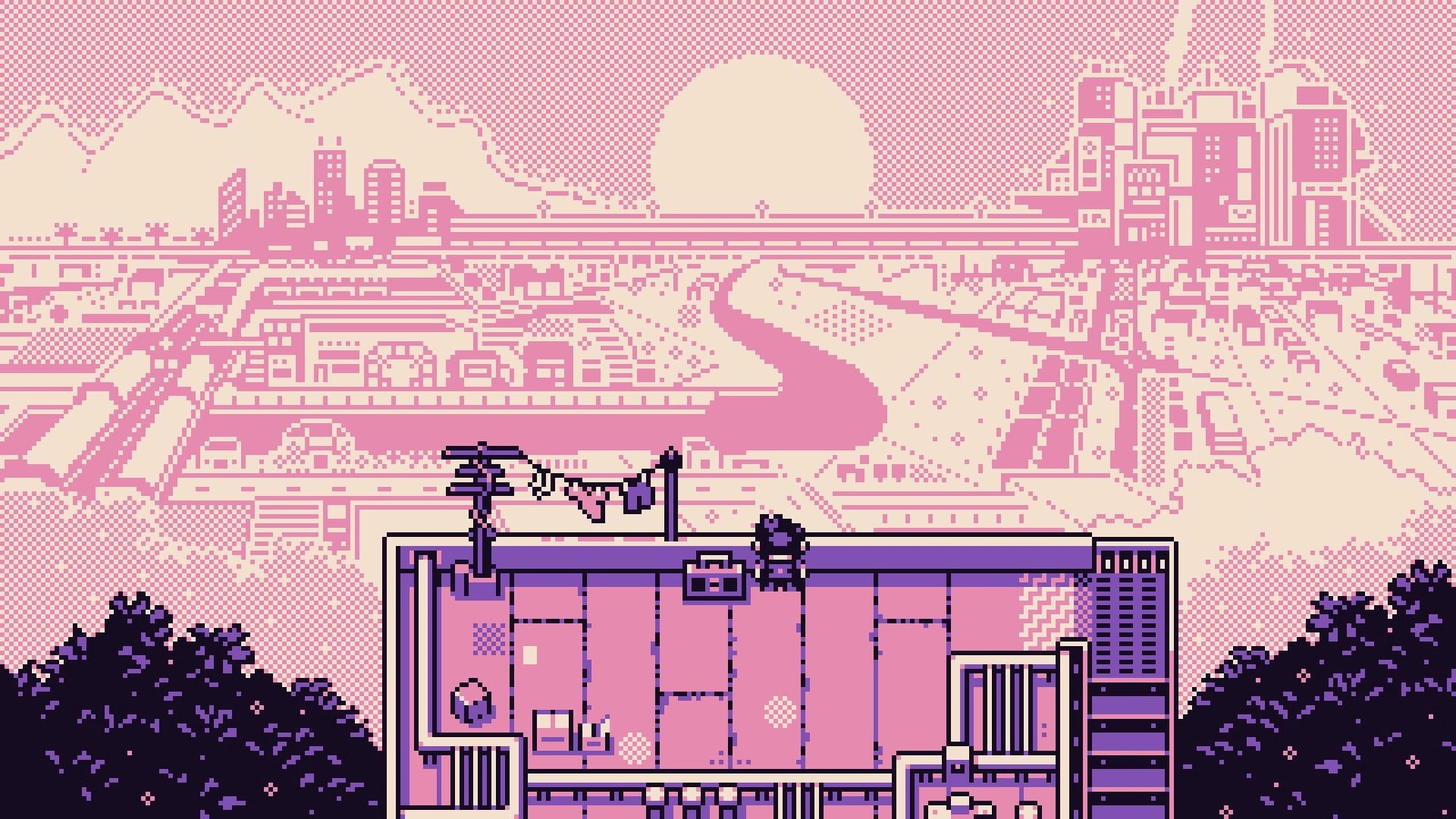 Petal Runner: Character on a rooftop beside a clothesline, overlooking a pink pixel city at sunset.