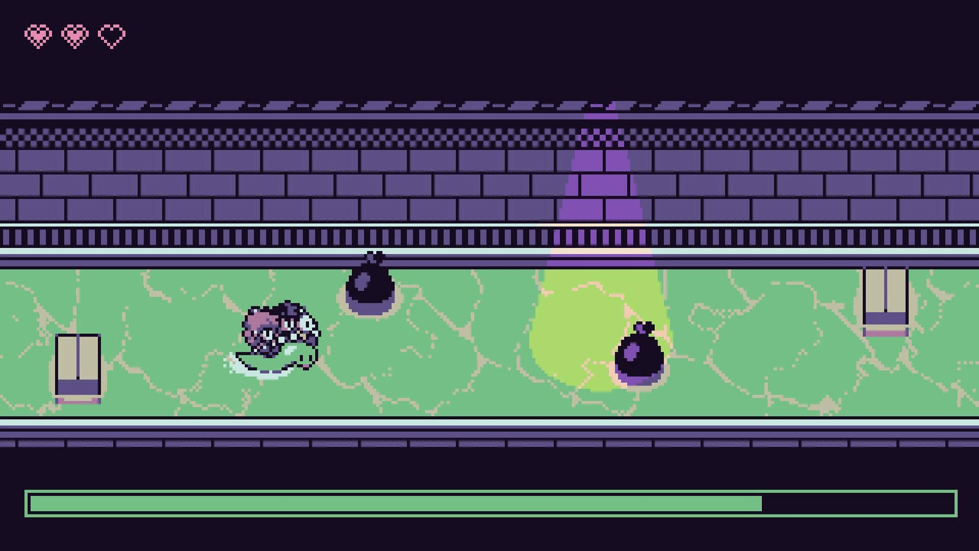 Petal Runner: Player dodges black bomb hazards in a narrow corridor with hearts UI and progress bar.