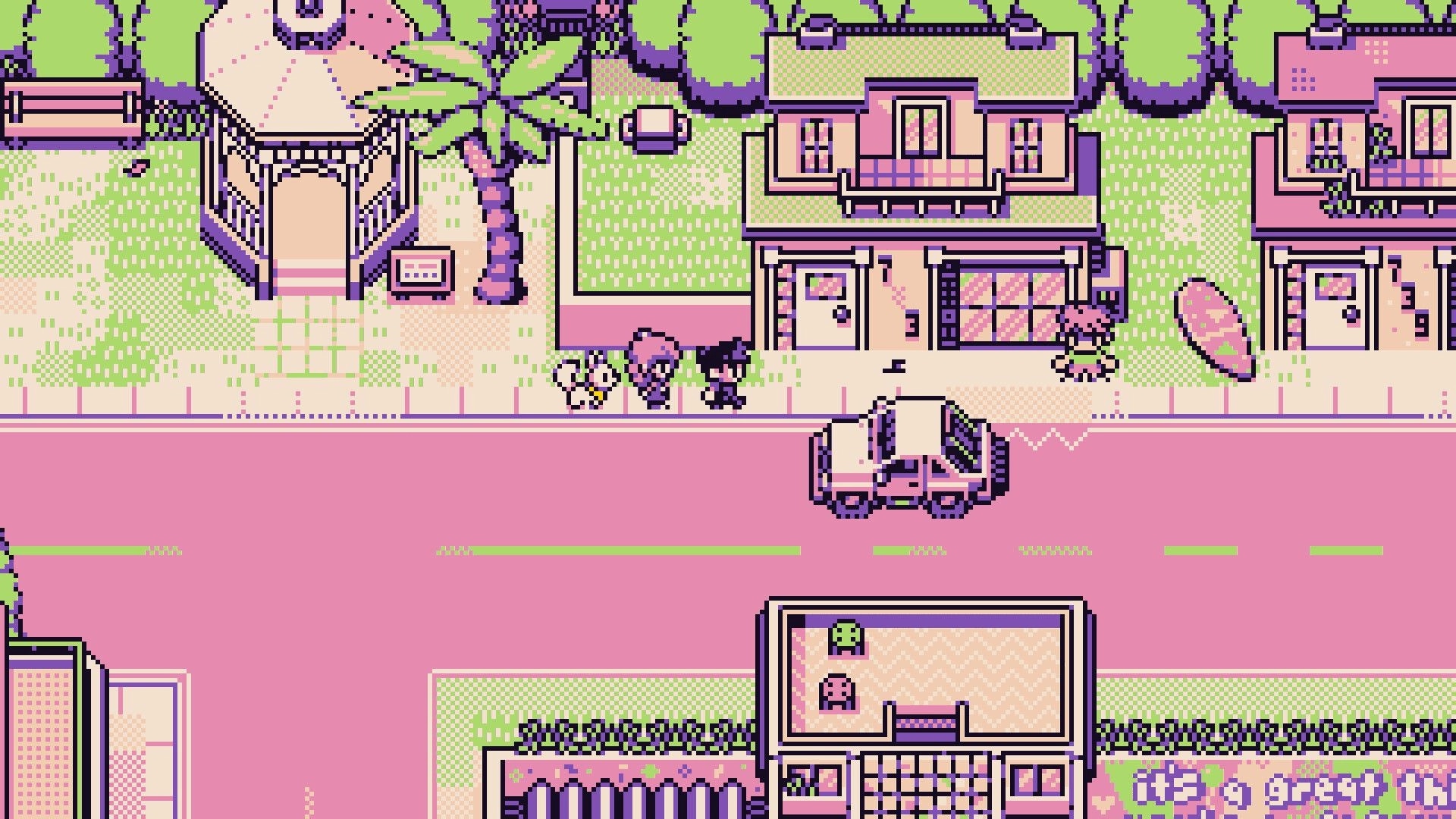 Petal Runner: Two pixel characters walk past houses and gazebo beside a street with a parked truck.