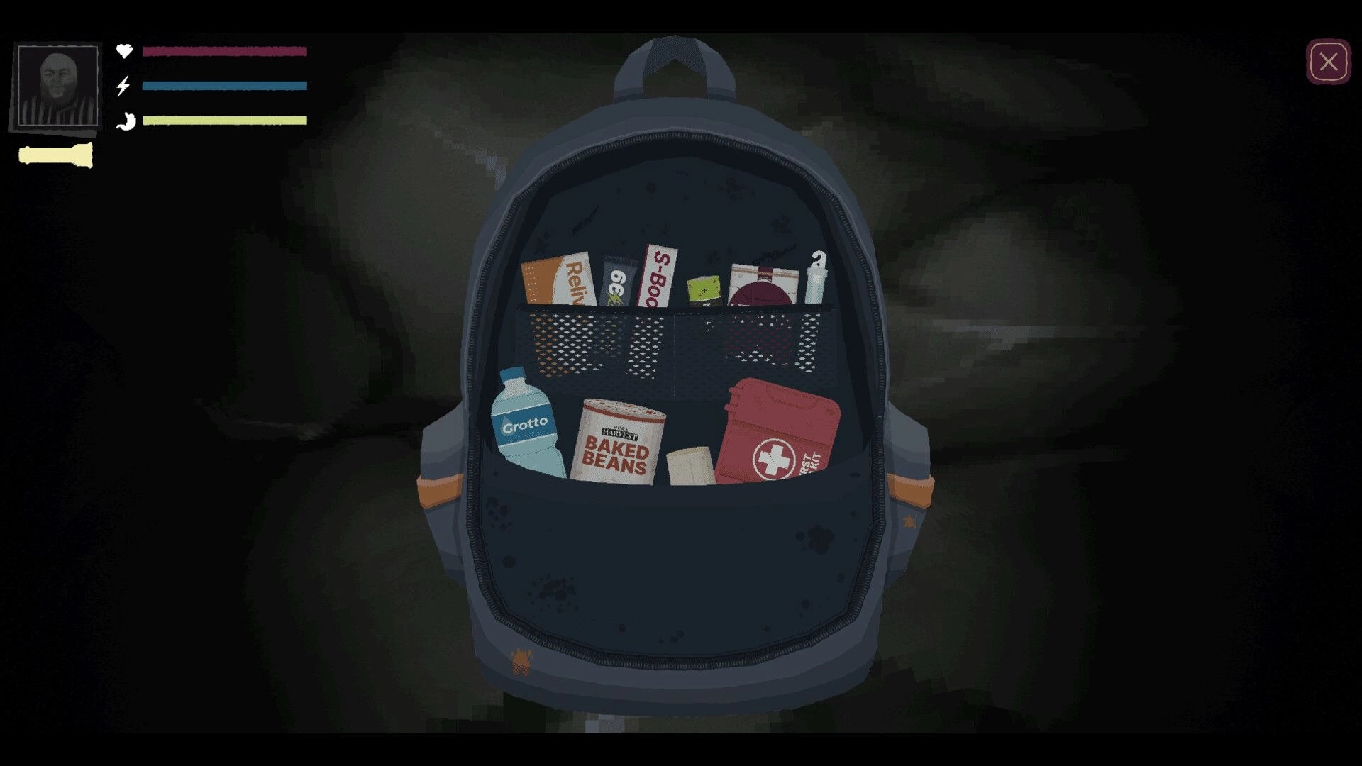 PETRACAL: Backpack inventory with food and supplies in dark cave setting, health and energy bars displayed.