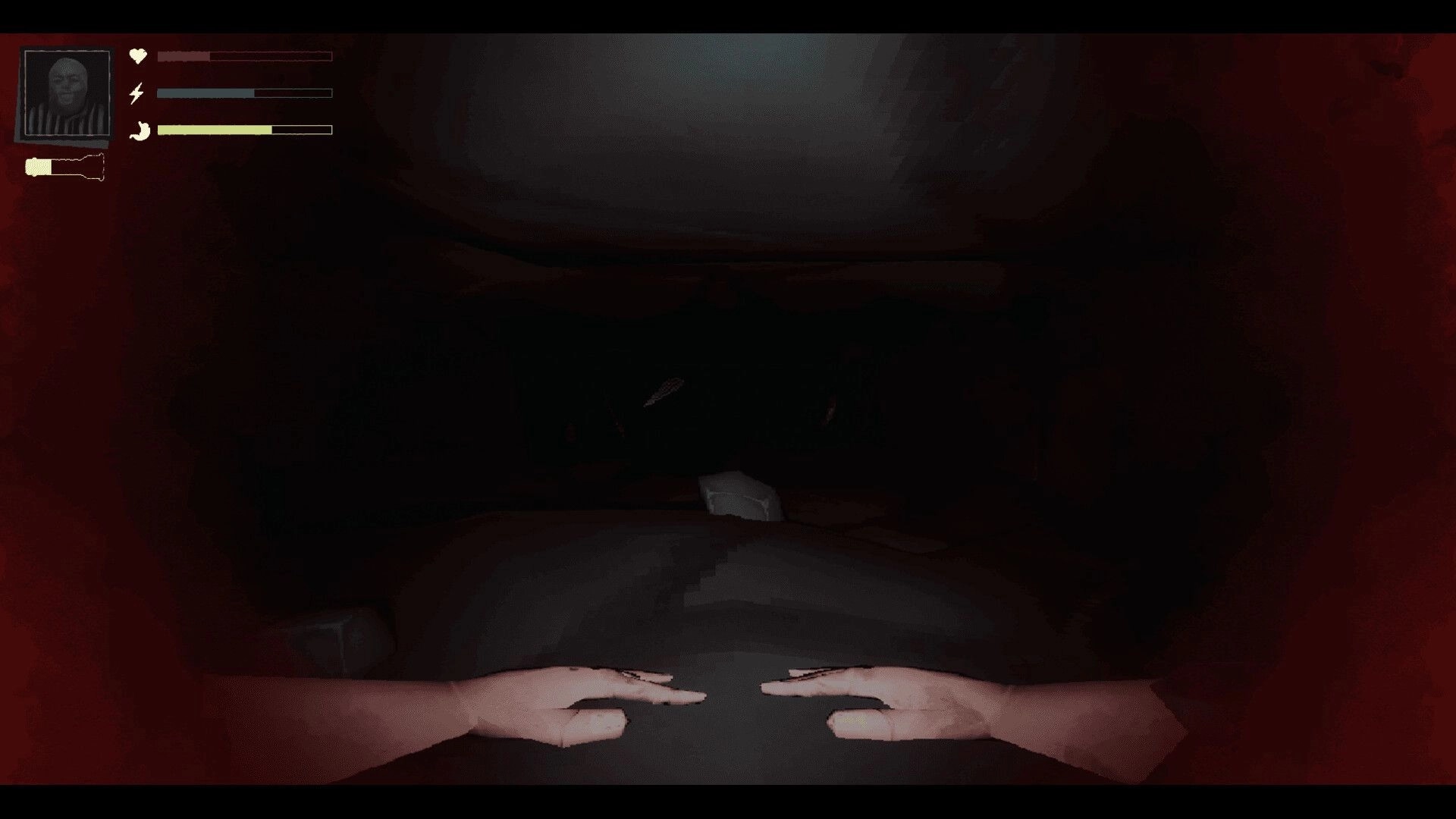 PETRACAL: First-person view with health indicators exploring dark cave tunnels using only hands for navigation.