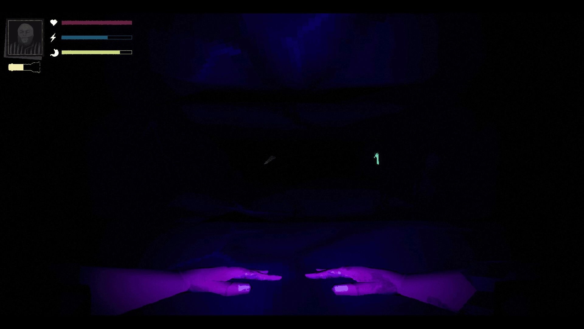 PETRACAL: Exploring dark cave with glowing hands and character stats displayed in the upper left corner.