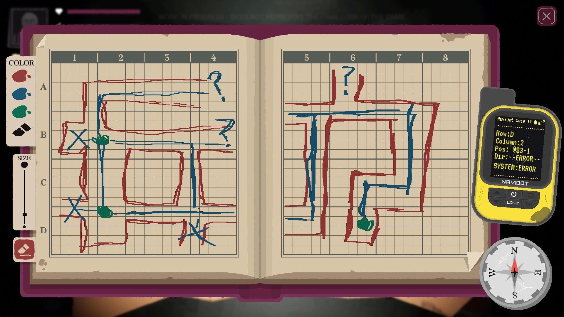 PETRACAL: Open notebook with hand-drawn cave maps, color tools, compass, and malfunctioning NaviDot device.