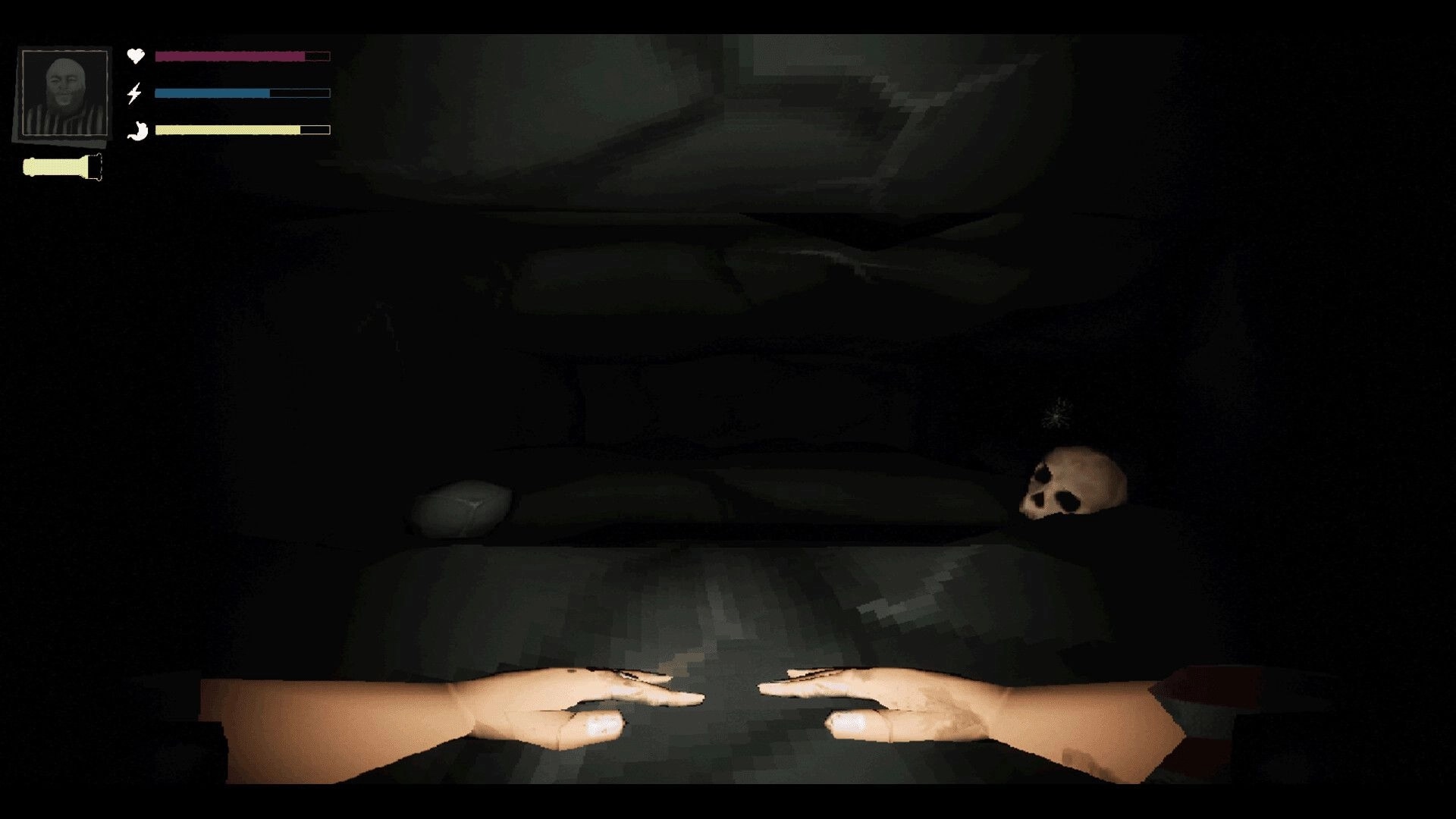 PETRACAL: Player's hands in dark cave tunnel with health and stamina bars, skull on the ground