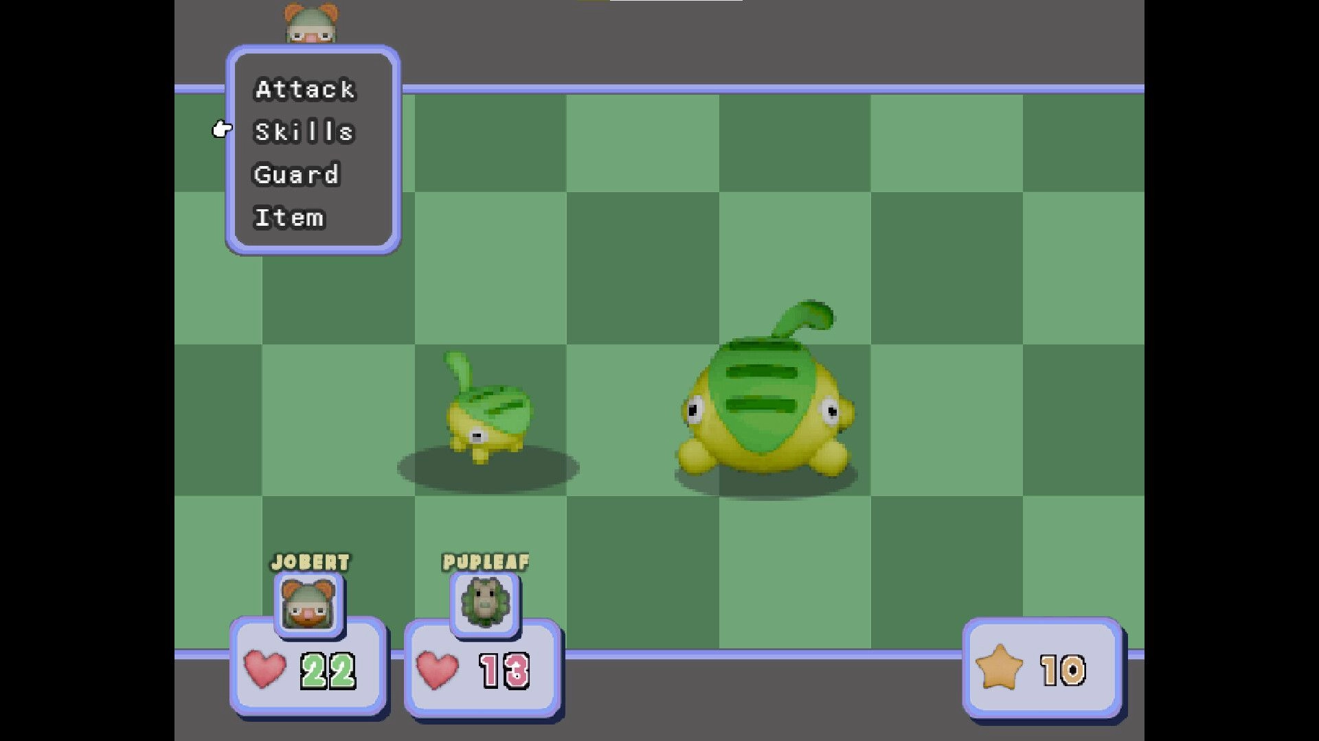 Petrichor: Turn-based combat with Jobert and Pupleaf facing two plant monsters on a checkered field