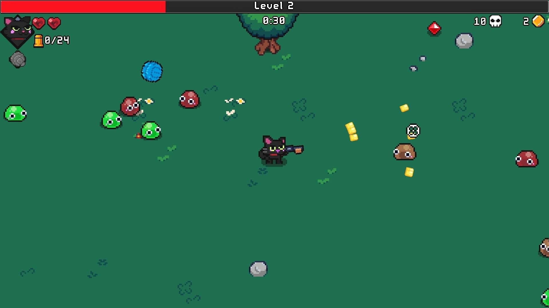 Pets Survivors: Black cat with gun fights slimes on grassy field with Level 2 timer and hearts UI.