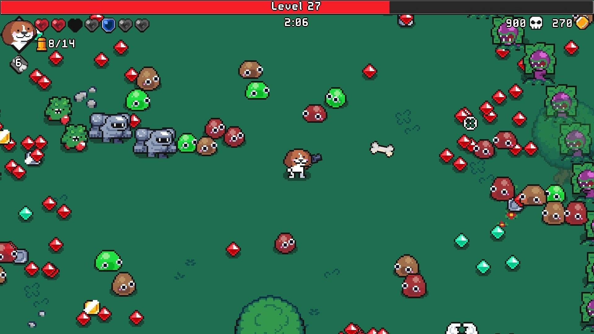 Pets Survivors: Dog hero shoots on grassy field, slimes and loot gems, Level 27 UI at top.