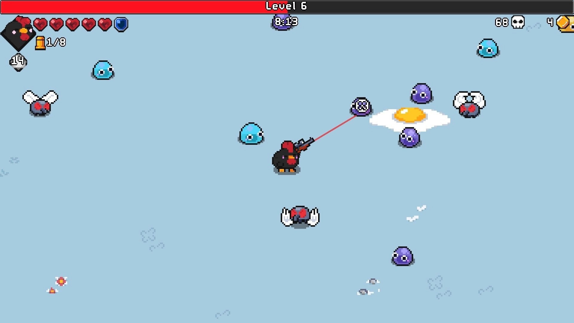 Pets Survivors: Bomb pet aims a gun at slimes and flies on icy field with Level 6 timer UI visible.