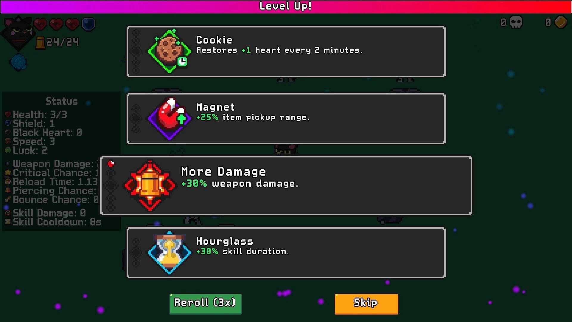 Pets Survivors: Level Up upgrade menu with Cookie, Magnet, More Damage, Hourglass options over arena.