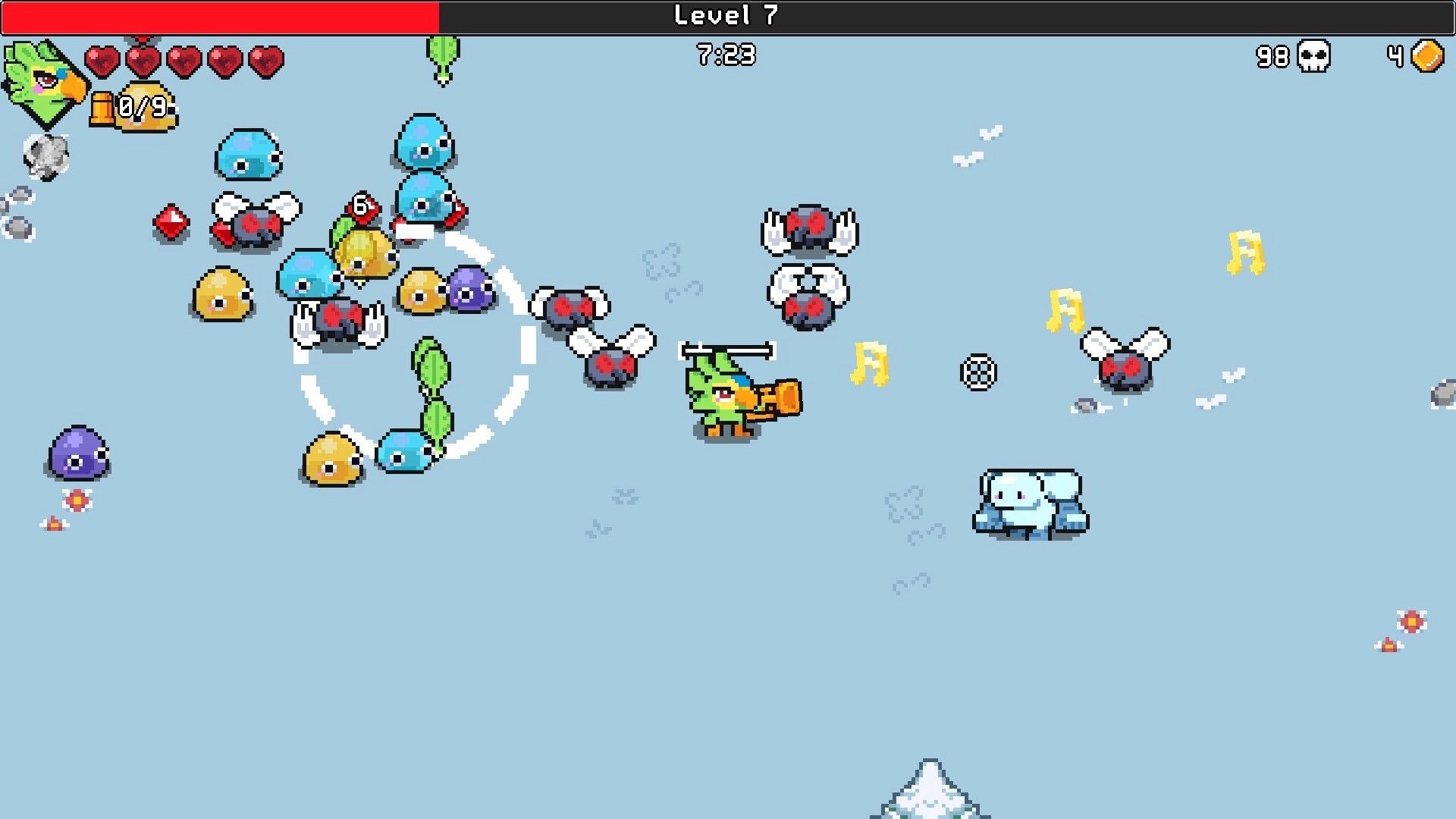Pets Survivors: Green pet fires orange blaster at slimes and bats on snowy field, Level 7 HUD.