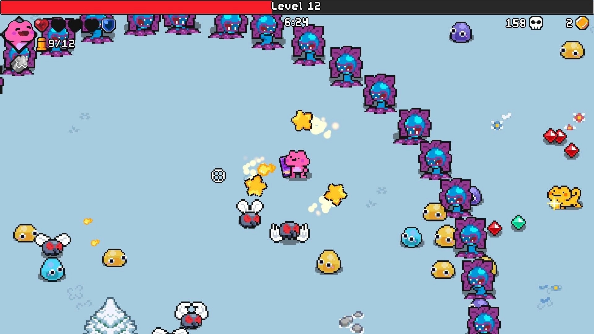 Pets Survivors: Pink pet fires stars at purple monsters on icy field, Level 12 timer and HP UI visible.