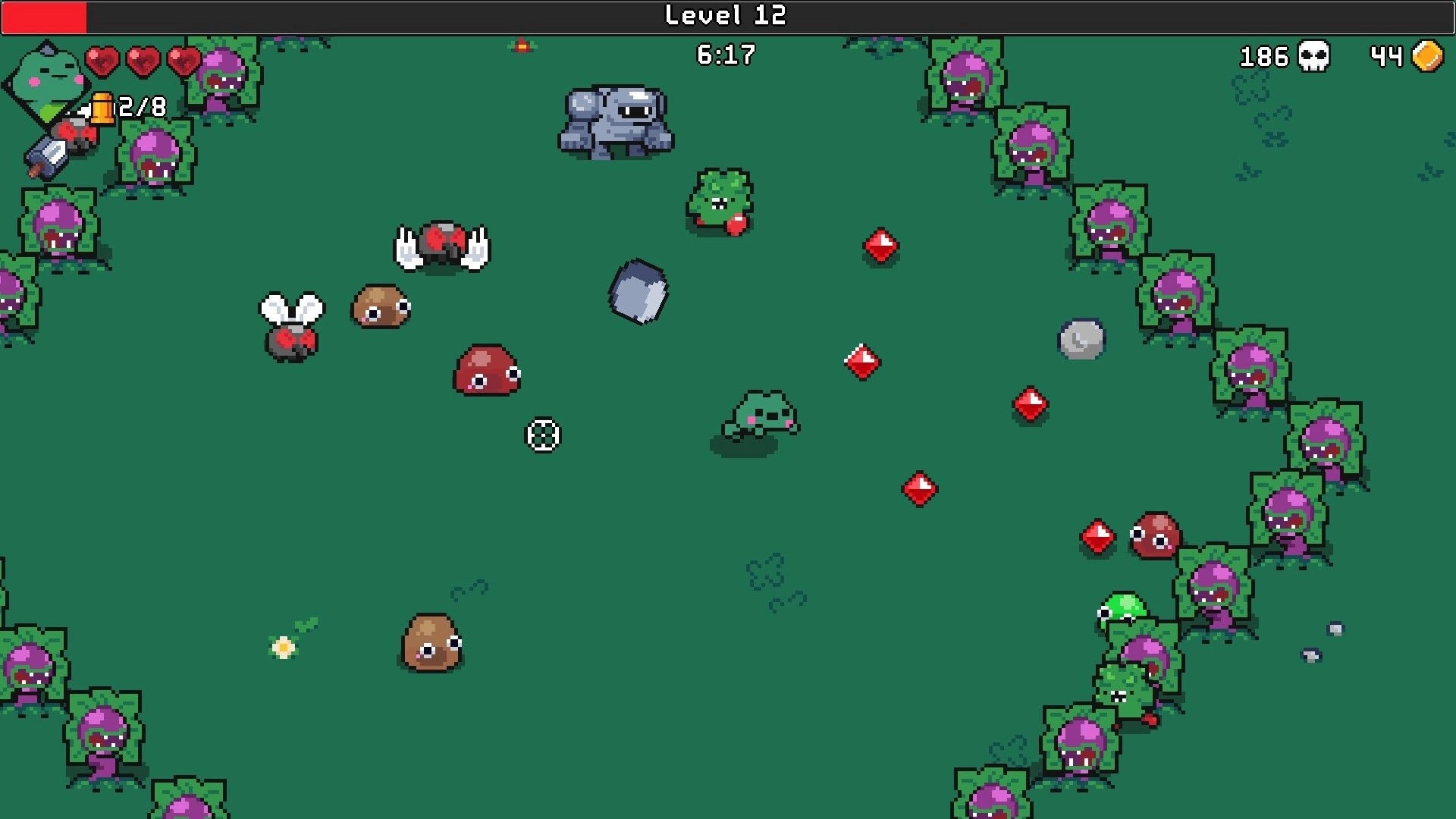 Pets Survivors: Slime pet dodges mushrooms and bugs, gems scattered on grassy field, Level 12 UI.