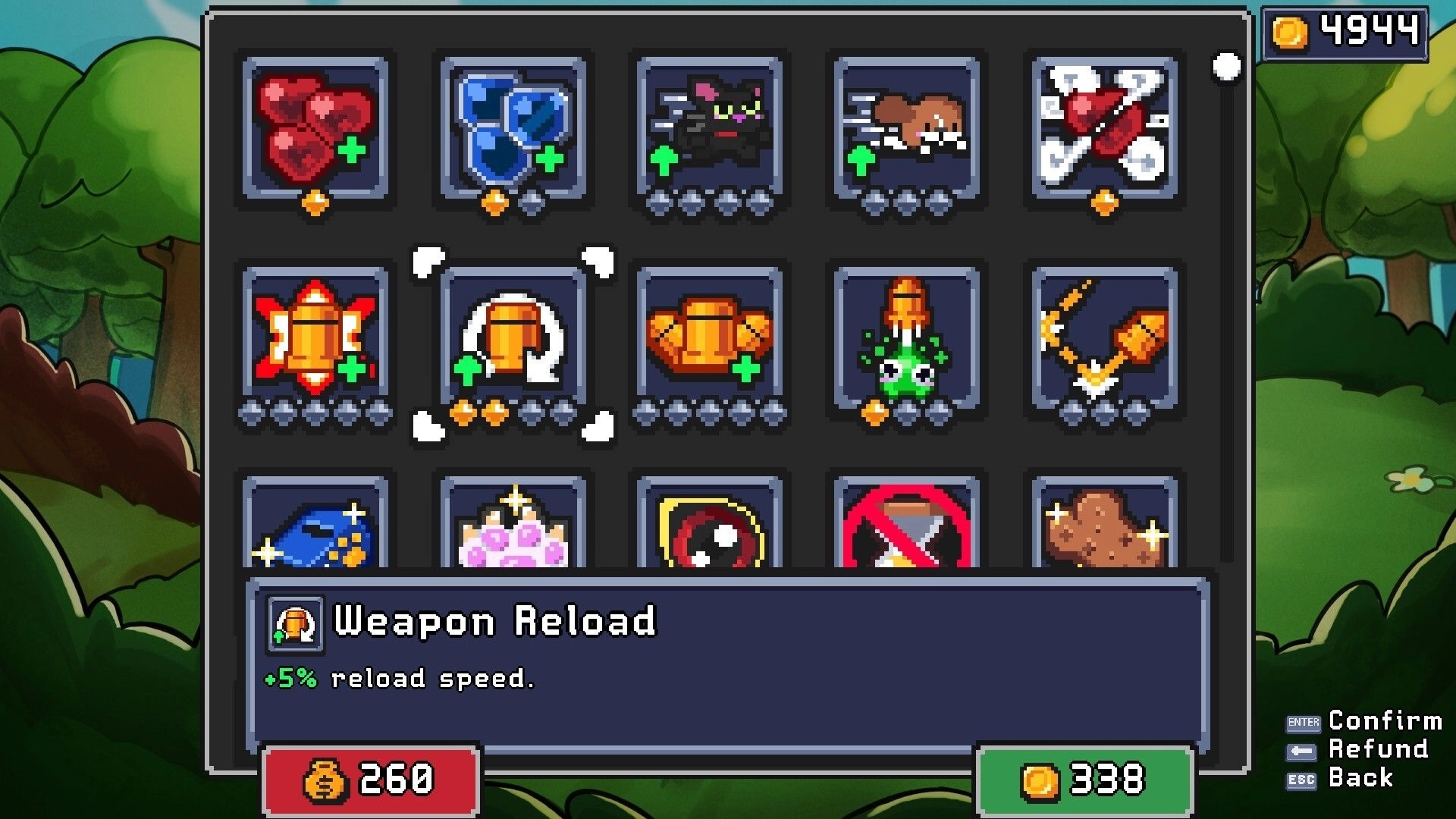 Pets Survivors: Upgrade shop grid highlighting Weapon Reload bonus with coin totals over forest backdrop.