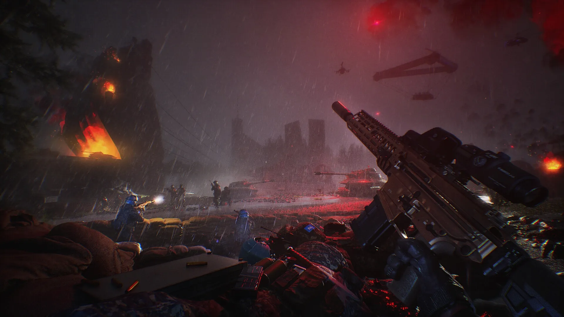 Phantom Line: Player aiming rifle in rainy battlefield with tanks, helicopters, and burning structure