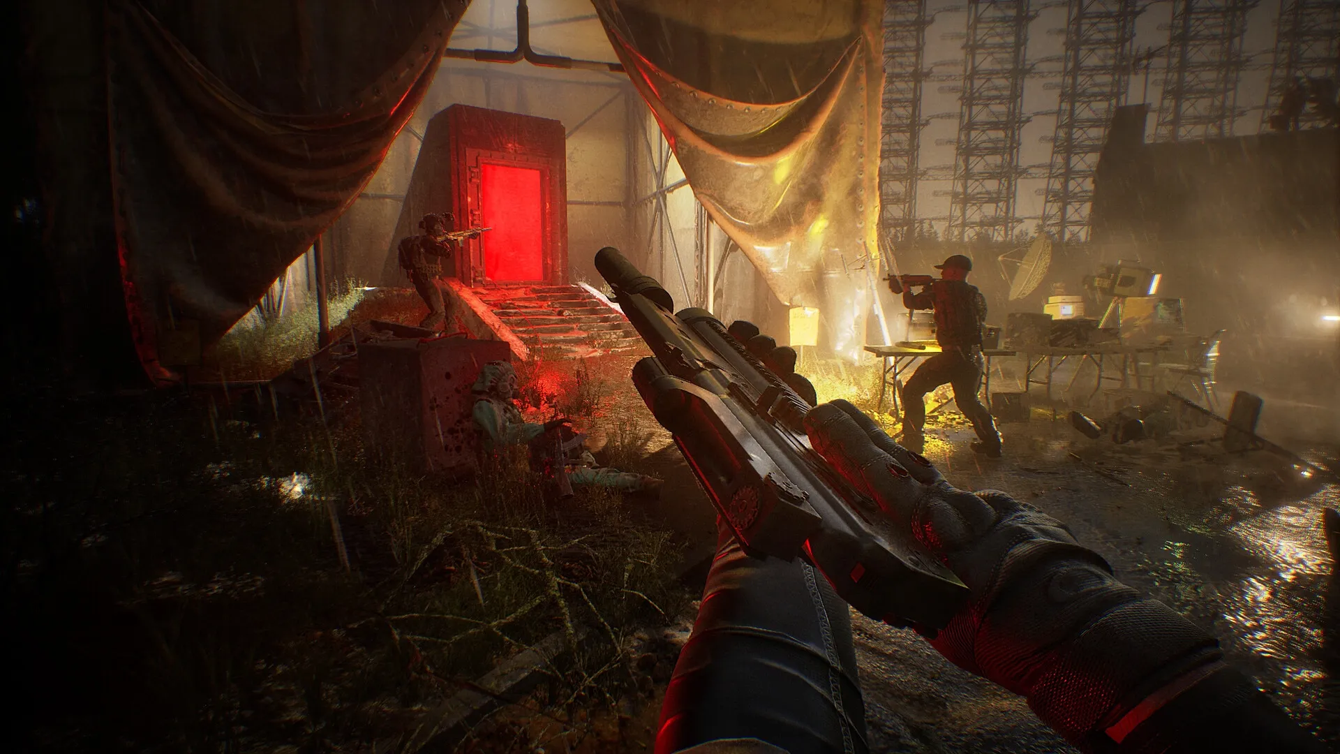 Phantom Line: Reloading weapon in rainy outpost as soldiers engage near glowing red door