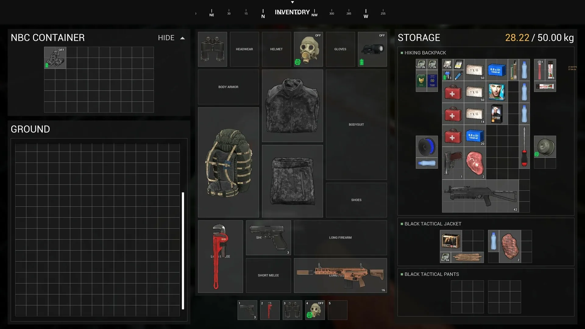 Phantom Line: Inventory screen displaying gear, weapons, and supplies in a tactical survival layout.