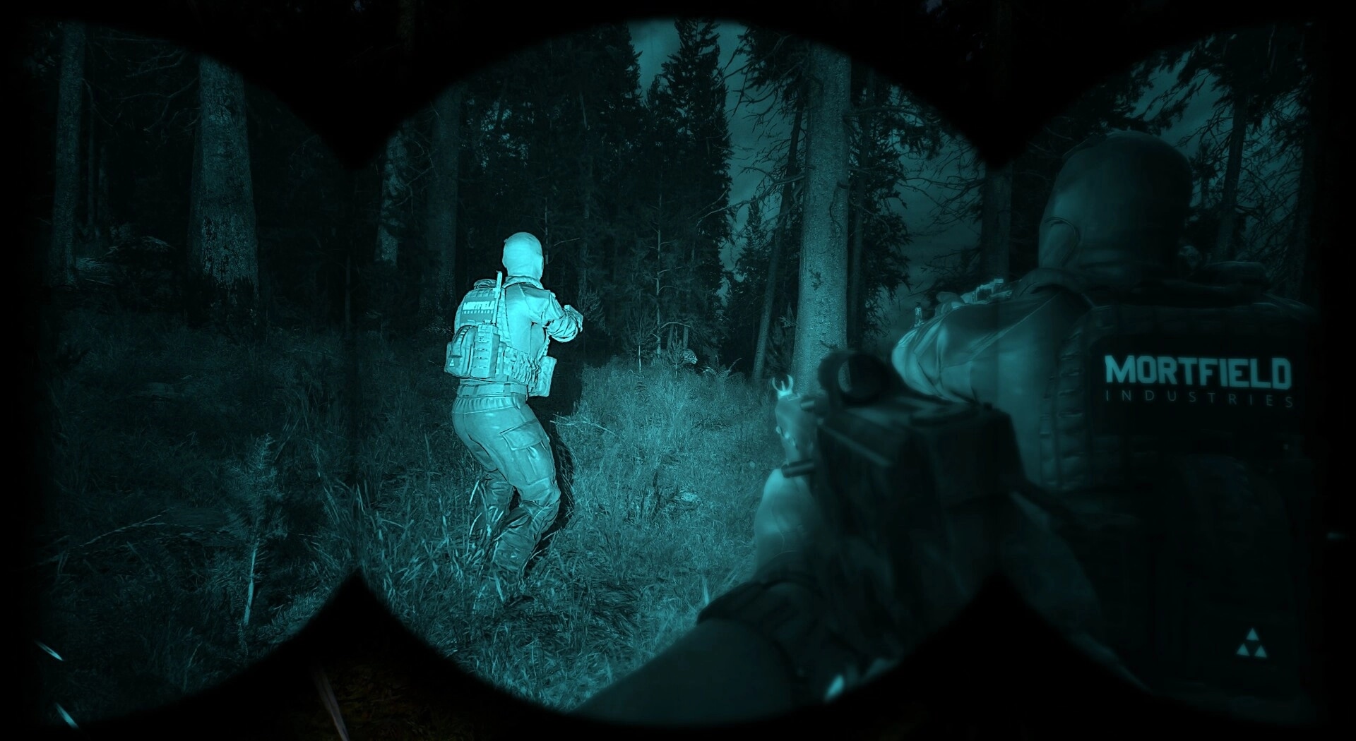Phantom Line: Night vision view of two soldiers advancing in a dense, eerie forest setting.