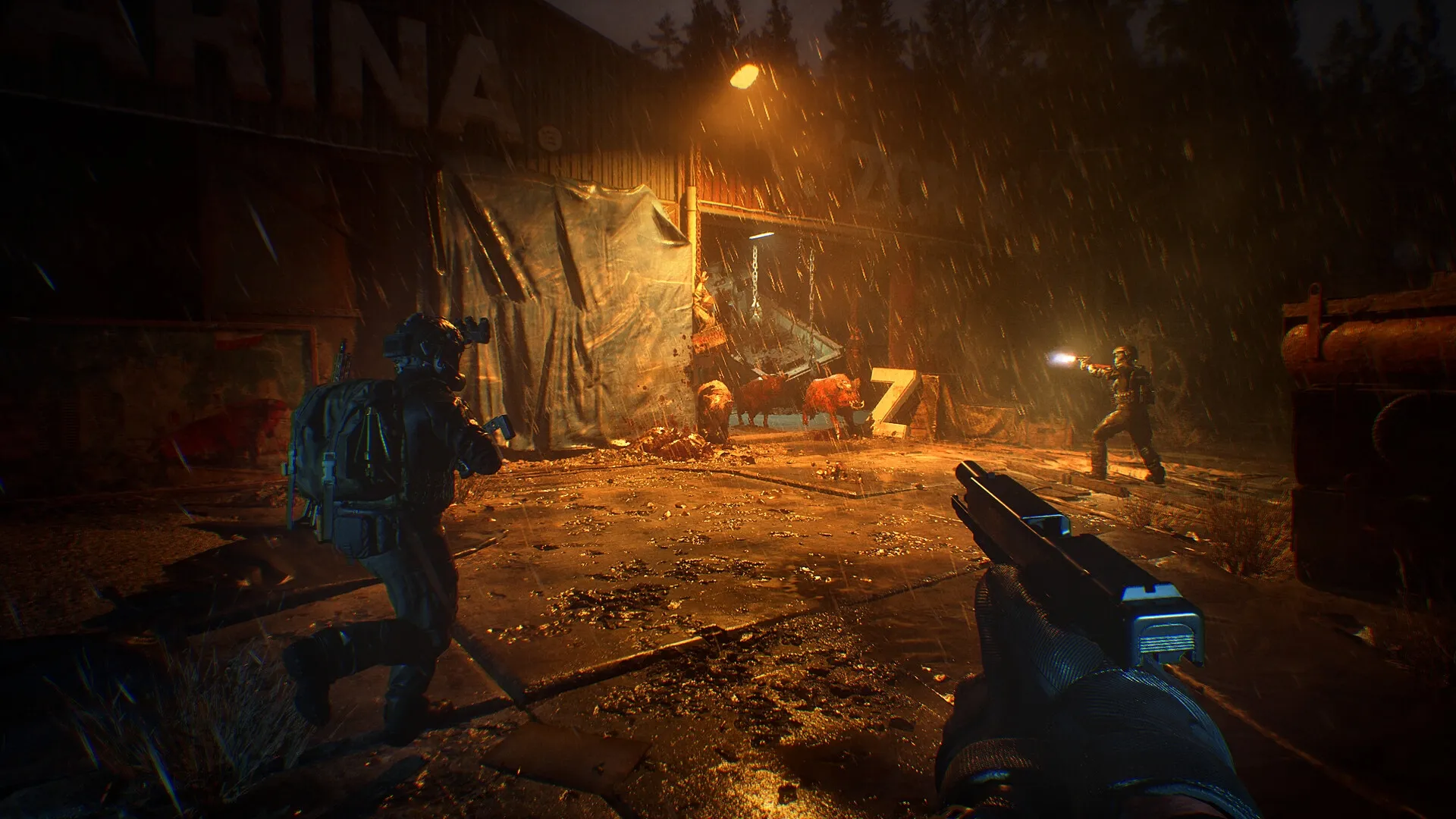 Phantom Line: Three operatives investigate a dark, rain-soaked barn with flashlights and drawn guns