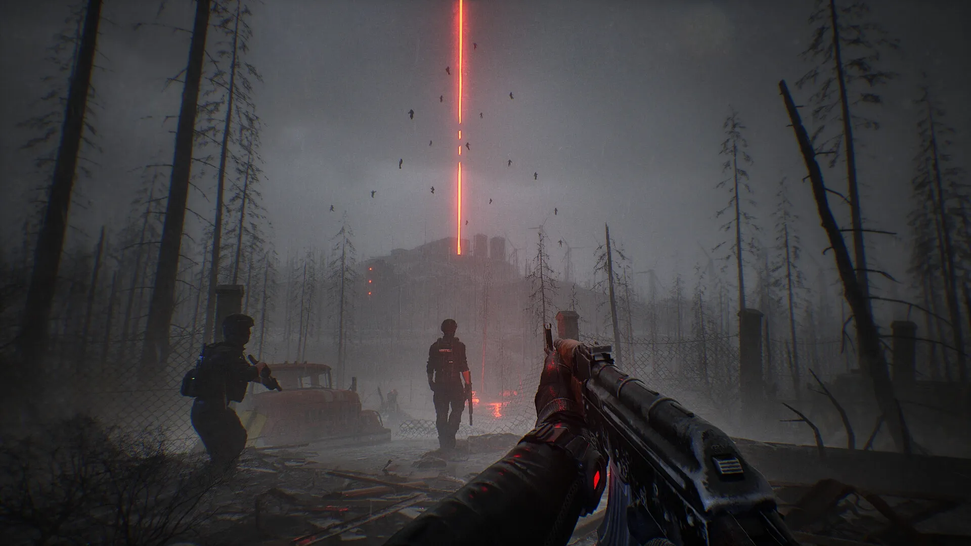 Phantom Line: Player aims at silhouette near red beam in foggy forest with barren trees