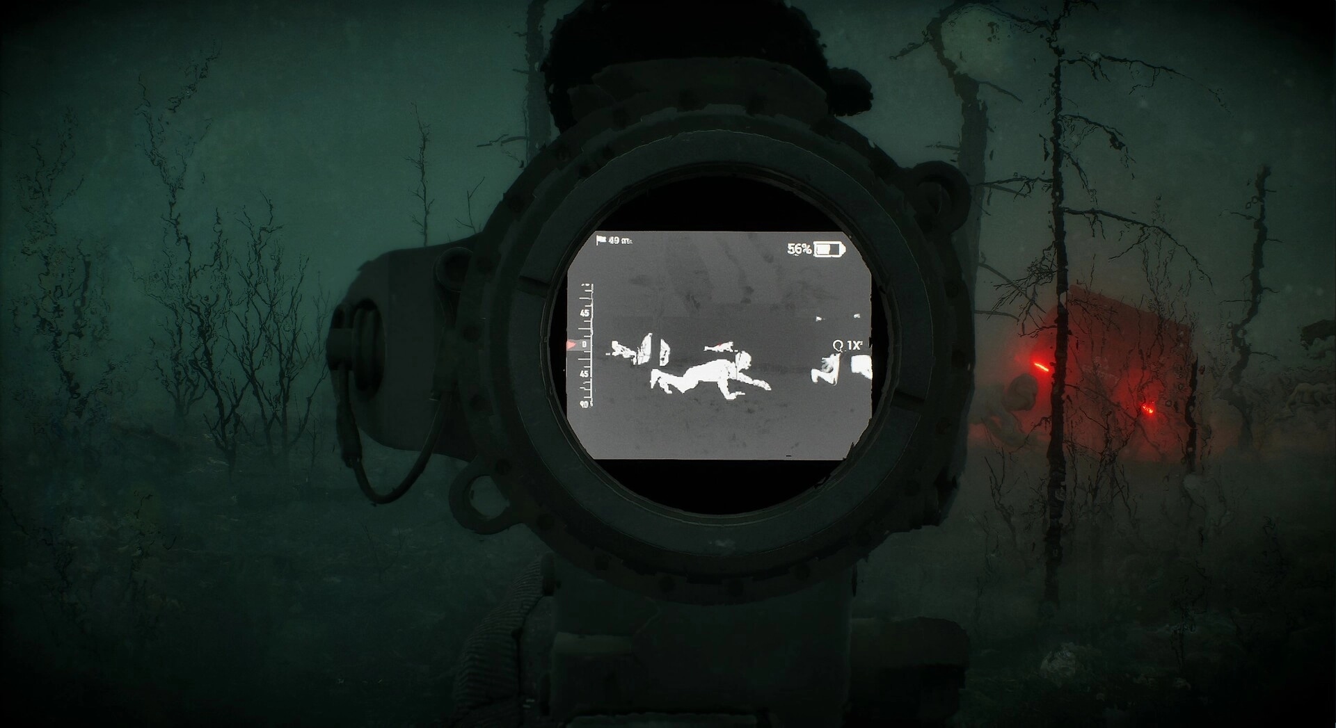 Phantom Line: Thermal scope view showing crawling figures in eerie, foggy forest with red lights nearby.