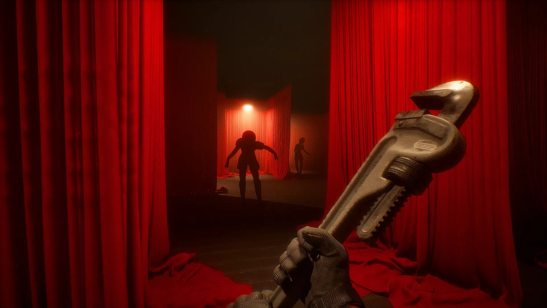 Phantom Line: Player holding wrench facing shadowy figures in dimly lit room with red curtains