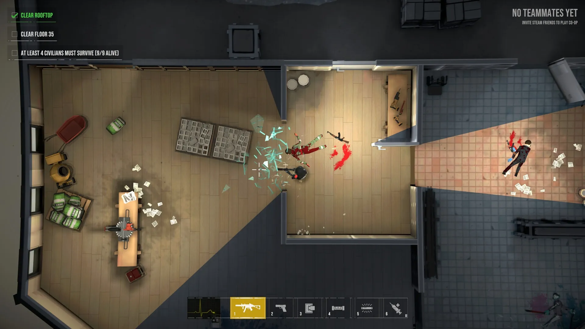 Phantom Squad: Tactical combat in an office setting with objectives and weapon selection at bottom.