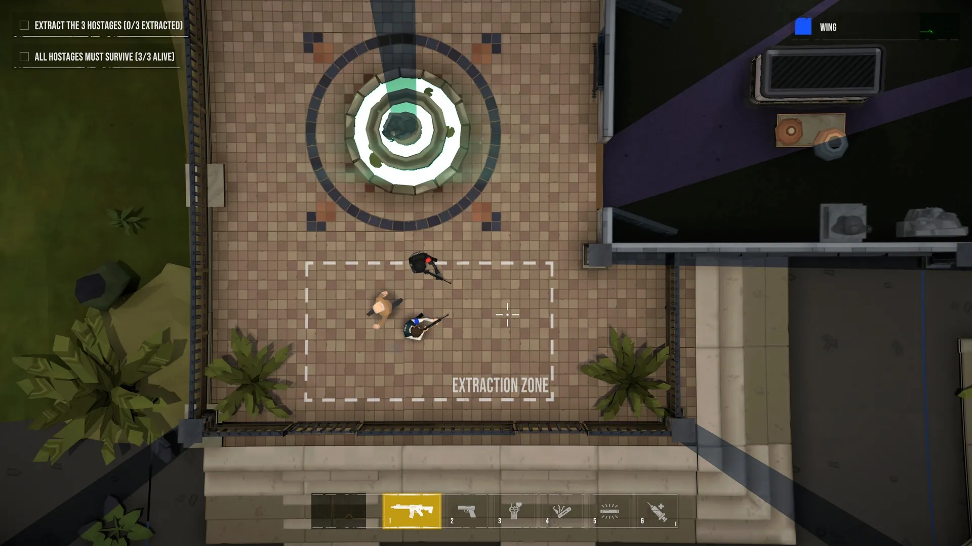 Phantom Squad: Players in extraction zone with hostages, UI shows objectives and inventory in courtyard.