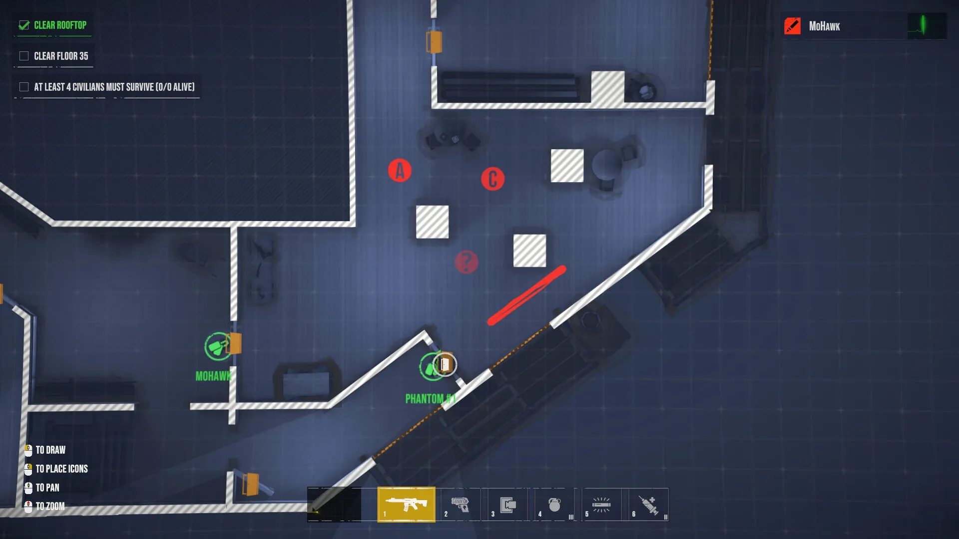 Phantom Squad: Tactical map view with objectives and player positions in a building layout