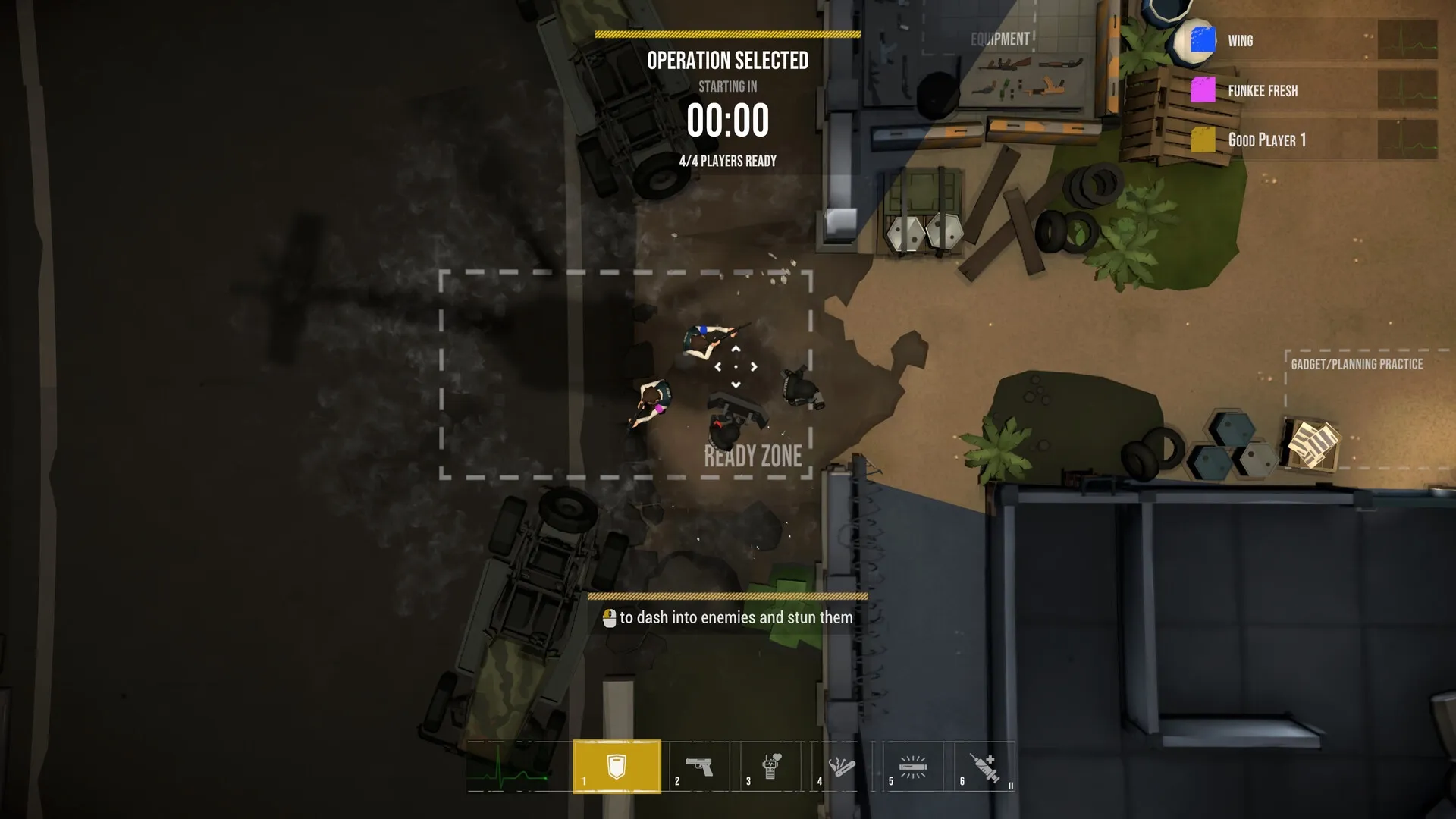 Phantom Squad: Players in ready zone, top-down view with UI elements and mission countdown timer visible.