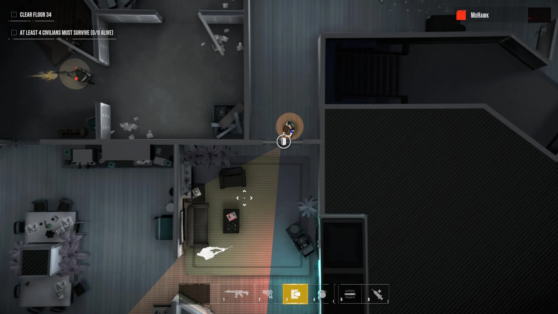 Phantom Squad: Tactical player breaching a room, objectives displayed, top-down building layout