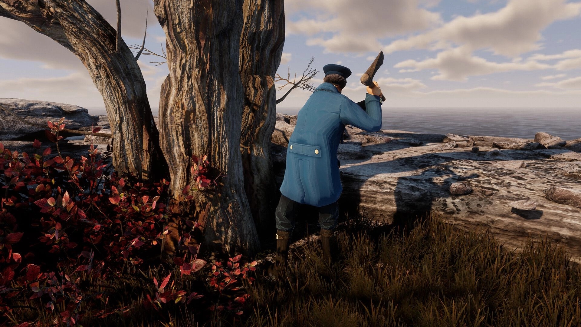 Pharos Light: Player in blue coat raises an axe by a tree on a rocky shoreline overlooking the sea.