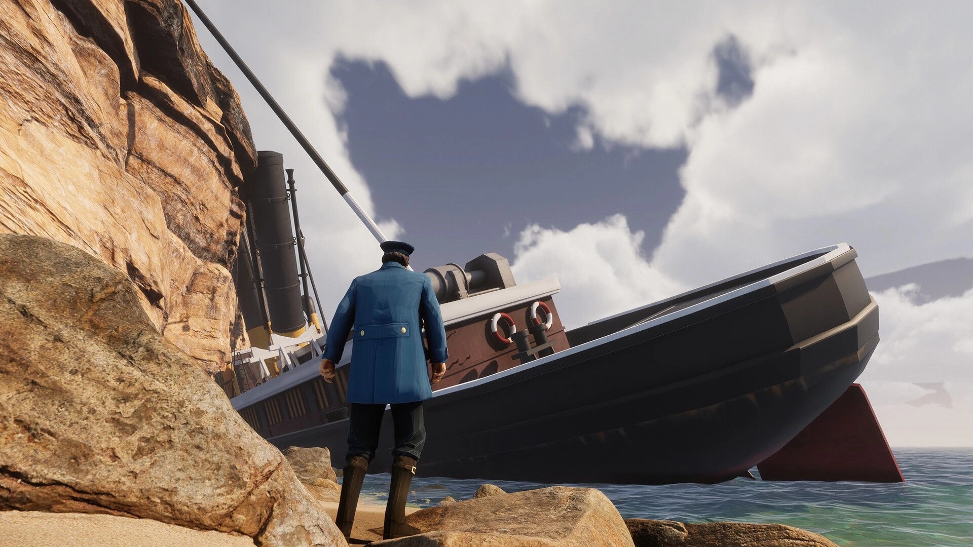 Pharos Light: Sailor in blue coat faces a grounded boat beside rocky shore under cloudy sky.
