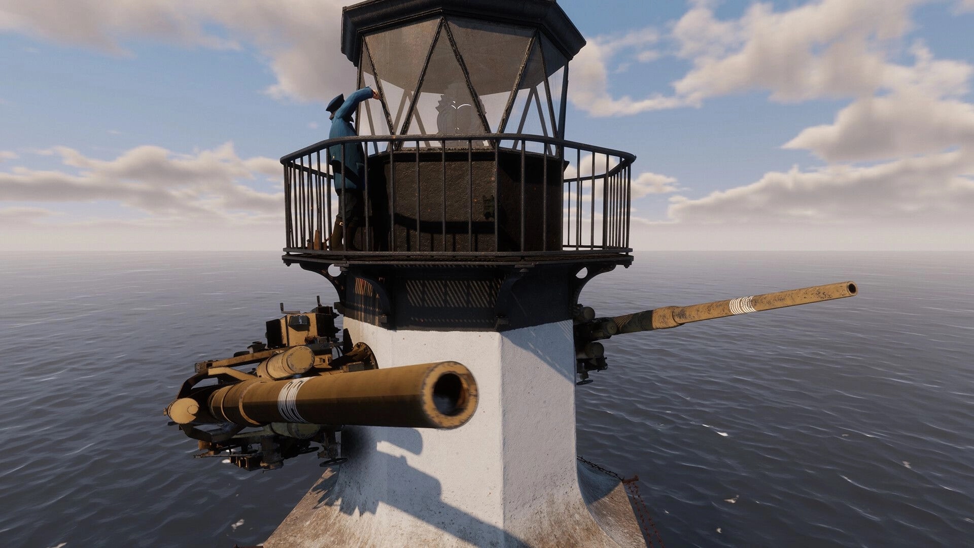 Pharos Light: Keeper climbs lighthouse lantern room beside mounted cannons above calm ocean waters.