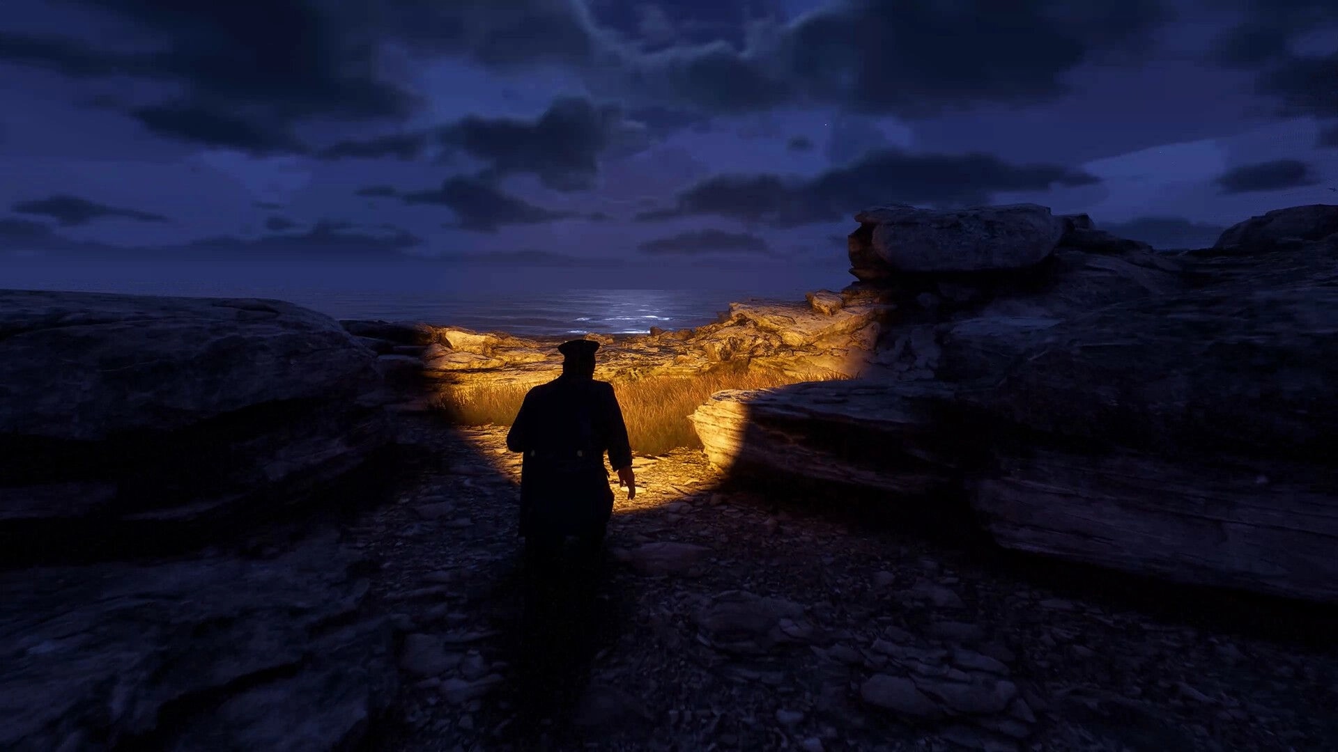Pharos Light: Third-person figure walks toward the sea along rocky path under stormy night sky.