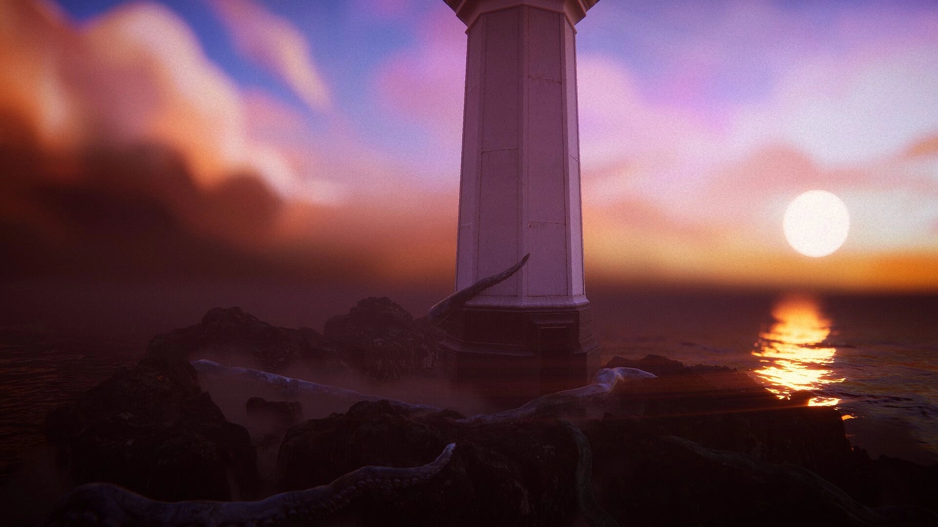 Pharos Light: Lighthouse base on rocky shore at sunset, tentacles curling through foggy surf nearby.