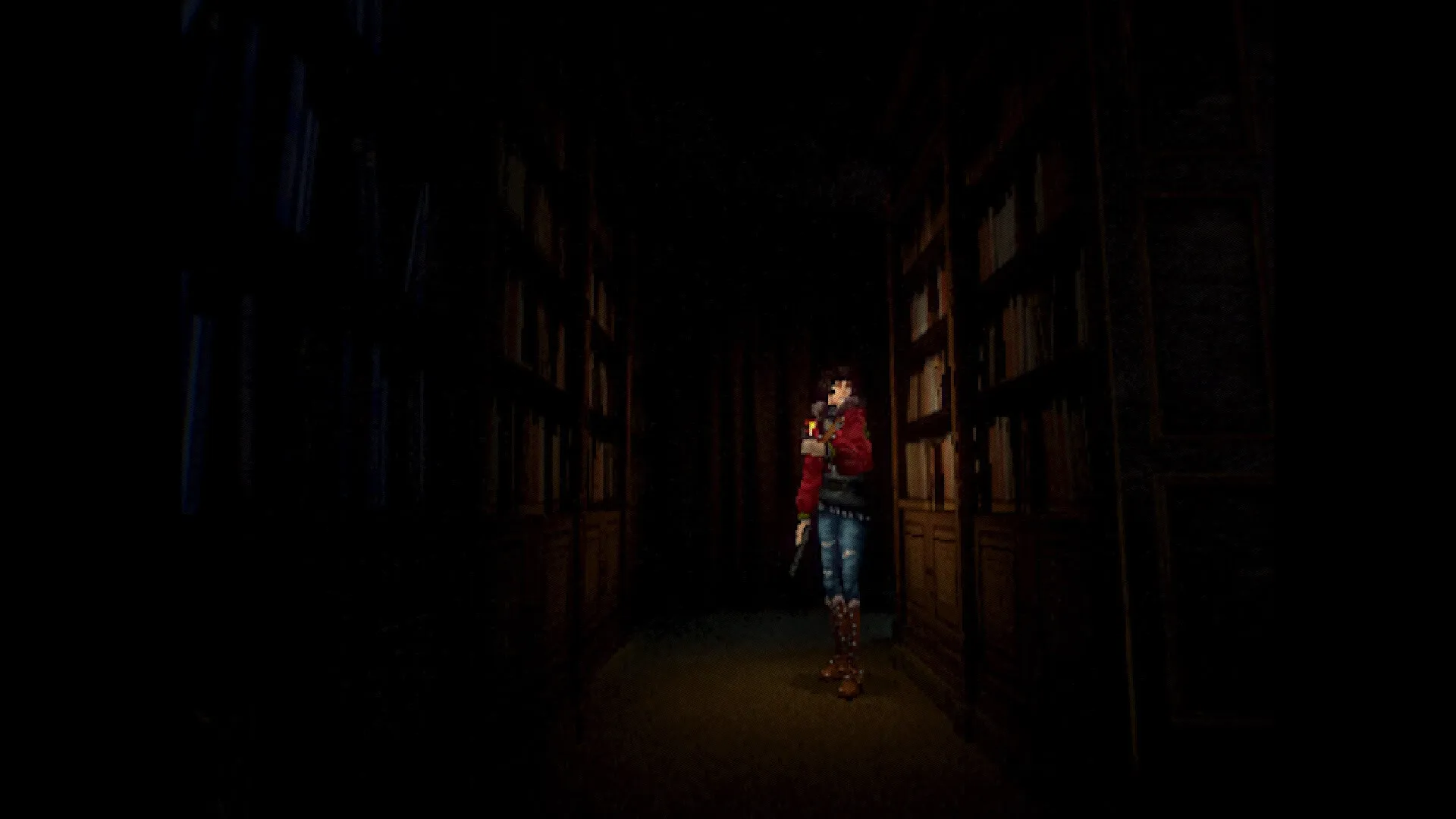 PHASE ZERO: Survivor holding flashlight cautiously explores dimly lit library corridor filled with books.