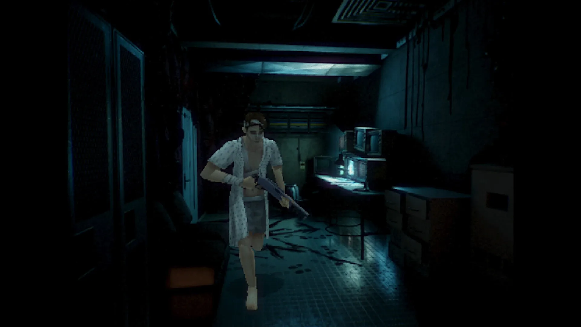 PHASE ZERO: Character with shotgun cautiously explores dimly lit room with computers and scattered papers.