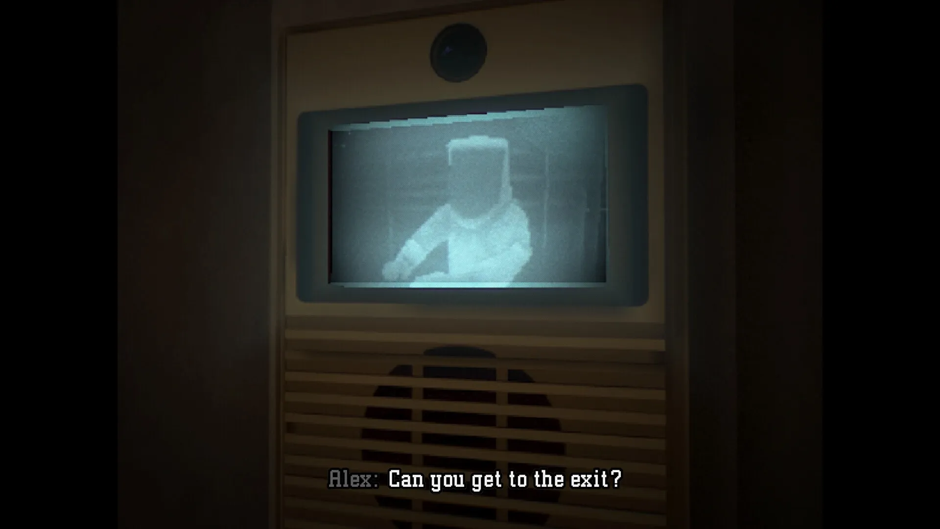 PHASE ZERO: Grainy monitor shows a figure in hazmat suit, with Alex's text asking, "Can you get to the exit?"