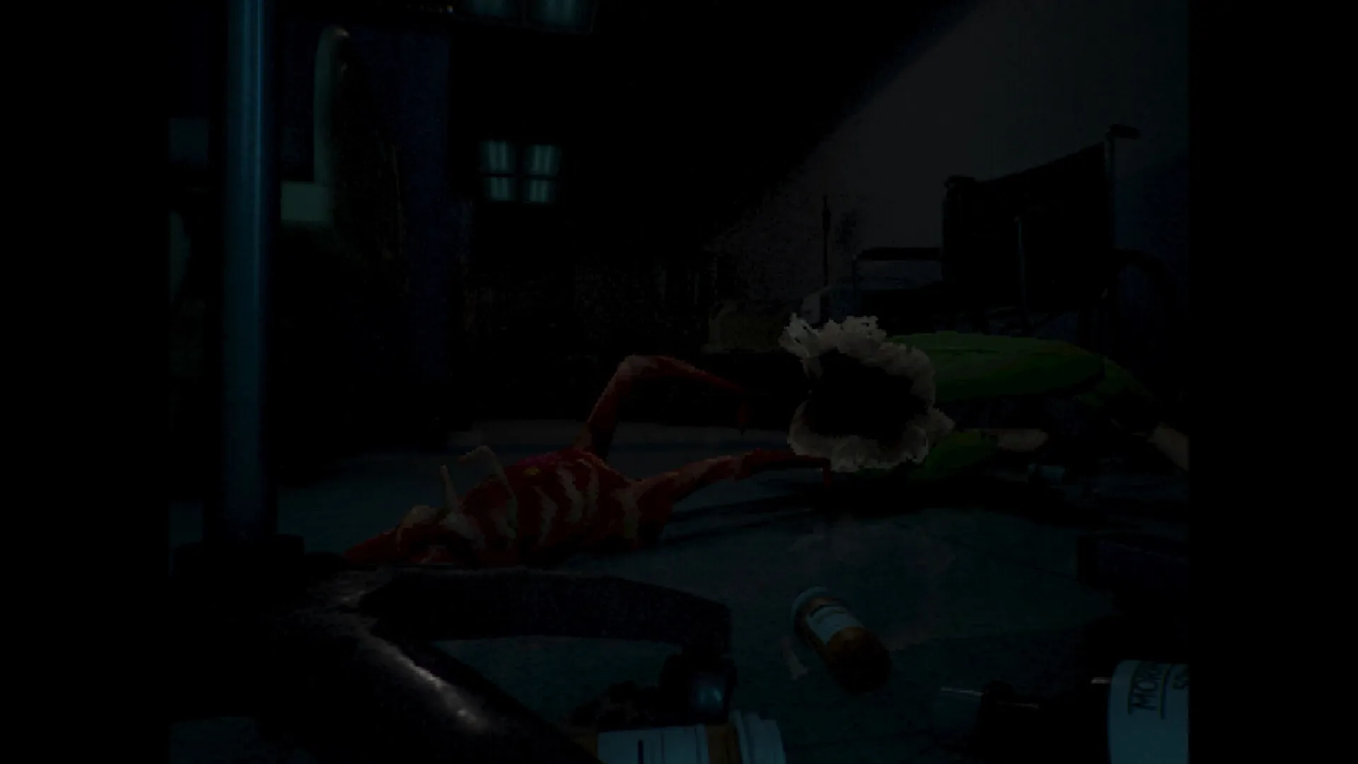 PHASE ZERO: Fallen creature with open maw among scattered bottles in a dimly lit hallway