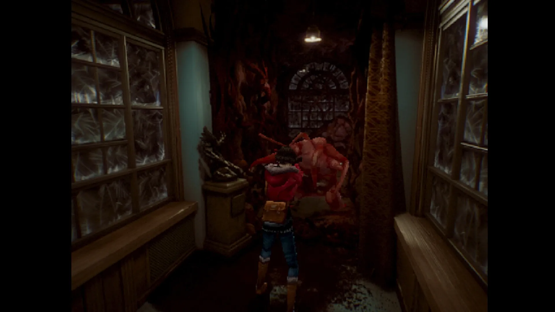 PHASE ZERO: Survivor faces grotesque creature in a dimly lit hallway with cracked windows and eerie decor.